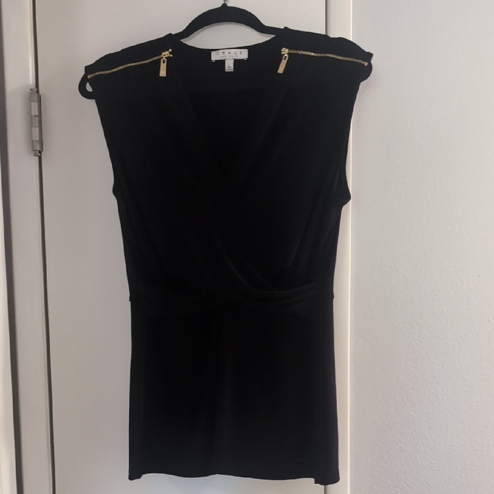 Chaus Black Blouse with Gold Zipper Details